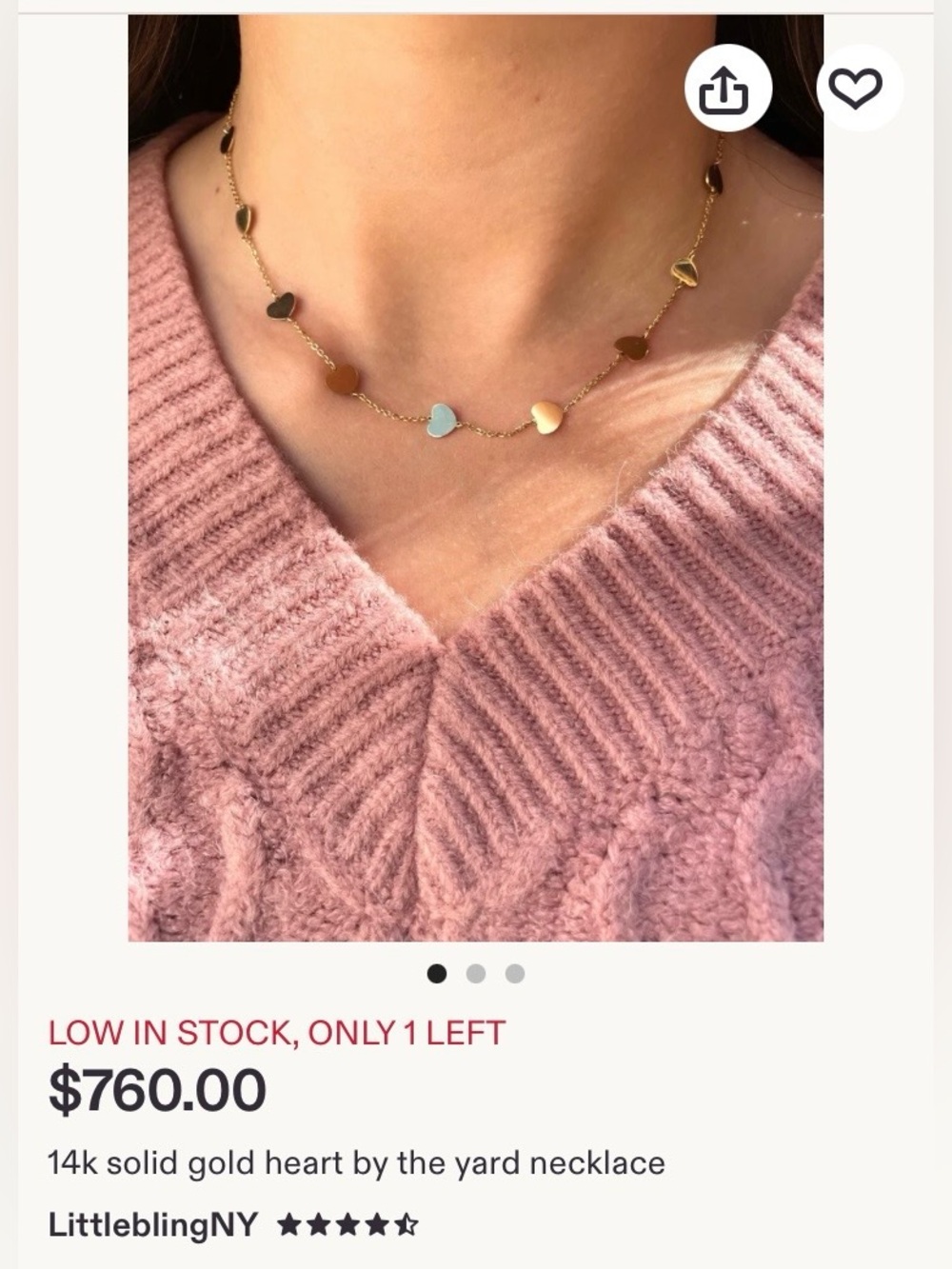 14k Solid Gold Heart Station Necklace - Gold